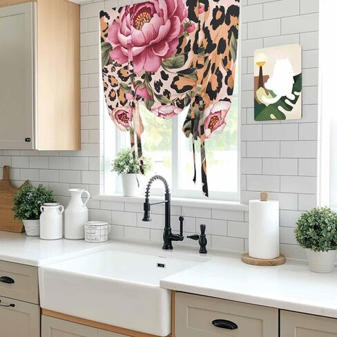Pink Flowers Tie Up Curtains for Window, Leopard Spot Vintage Floral Country Plants Thermal Insulated Balloon Shade Adjustable Rod Pocket Curtains Valance Panels for Kitchen Bathroom Café 42'' x 45'' in Saudi Arabia