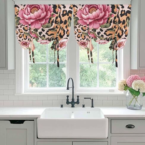 Pink Flowers Tie Up Curtains for Window, Leopard Spot Vintage Floral Country Plants Thermal Insulated Balloon Shade Adjustable Rod Pocket Curtains Valance Panels for Kitchen Bathroom Café 42'' x 45'' in Saudi Arabia