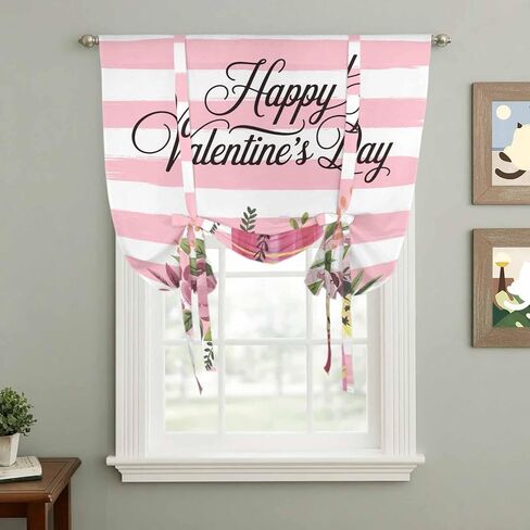 Valentine's Day Tie Up Curtains for Window, Pink Roses Flowers Stripes Country Thermal Insulated Balloon Shade Adjustable Rod Pocket Curtains Valance Panels for Kitchen Bathroom Café 52'' x 45'' in Saudi Arabia