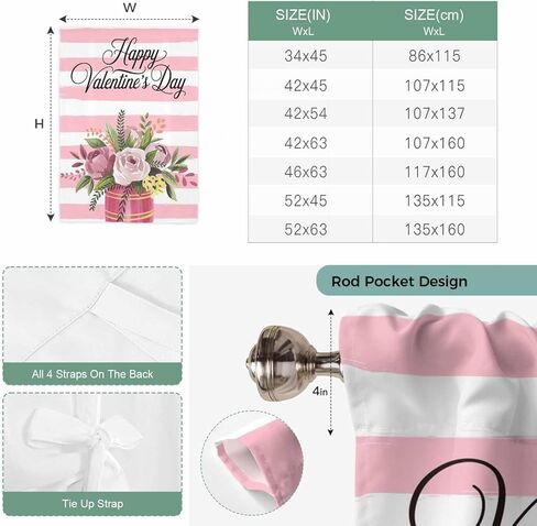 Valentine's Day Tie Up Curtains for Window, Pink Roses Flowers Stripes Country Thermal Insulated Balloon Shade Adjustable Rod Pocket Curtains Valance Panels for Kitchen Bathroom Café 52'' x 45'' in Saudi Arabia