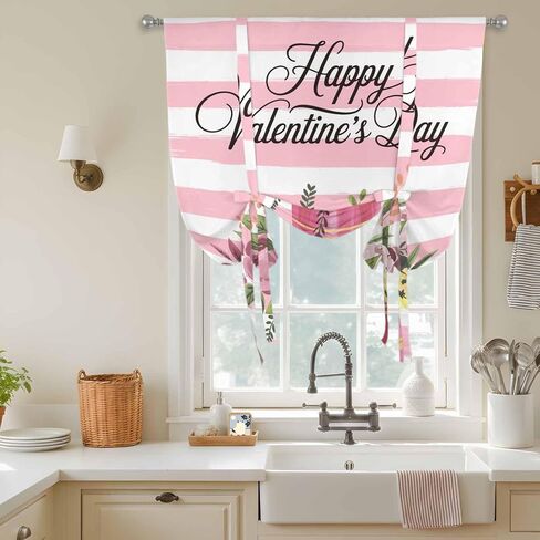 Valentine's Day Tie Up Curtains for Window, Pink Roses Flowers Stripes Country Thermal Insulated Balloon Shade Adjustable Rod Pocket Curtains Valance Panels for Kitchen Bathroom Café 52'' x 45'' in Saudi Arabia