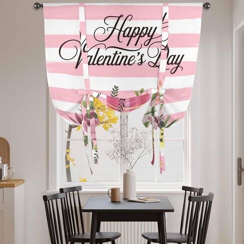 Valentine's Day Tie Up Curtains for Window, Pink Roses Flowers Stripes Country Thermal Insulated Balloon Shade Adjustable Rod Pocket Curtains Valance Panels for Kitchen Bathroom Café 52'' x 45'' in Saudi Arabia