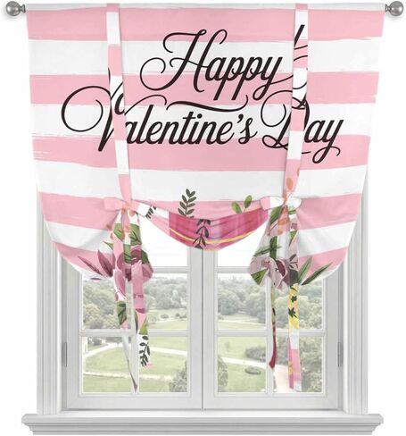 Valentine's Day Tie Up Curtains for Window, Pink Roses Flowers Stripes Country Thermal Insulated Balloon Shade Adjustable Rod Pocket Curtains Valance Panels for Kitchen Bathroom Café 52'' x 45'' in Saudi Arabia