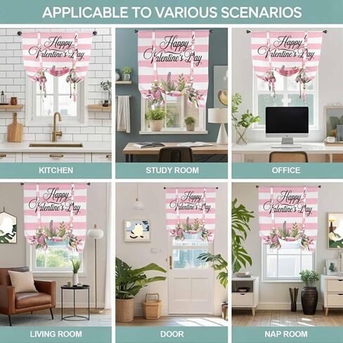 Valentine's Day Tie Up Curtains for Window, Pink Roses Flowers Stripes Country Thermal Insulated Balloon Shade Adjustable Rod Pocket Curtains Valance Panels for Kitchen Bathroom Café 52'' x 45'' in Saudi Arabia