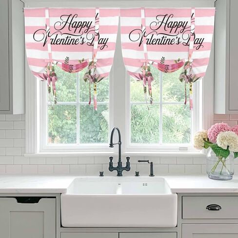 Valentine's Day Tie Up Curtains for Window, Pink Roses Flowers Stripes Country Thermal Insulated Balloon Shade Adjustable Rod Pocket Curtains Valance Panels for Kitchen Bathroom Café 52'' x 45'' in Saudi Arabia