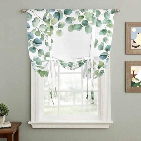 Sage Green Eucalyptus Tie Up Curtains for Window, Spring Summer Pastoral Leaves Thermal Insulated Balloon Shade Adjustable Rod Pocket Curtains Valance Panels for Kitchen Bathroom Café 42'' x 54'' in Saudi Arabia