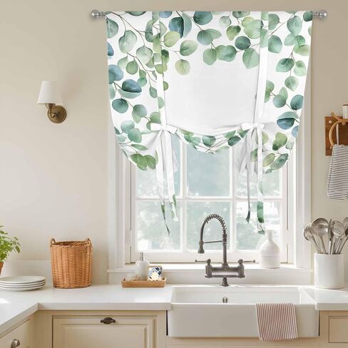 Sage Green Eucalyptus Tie Up Curtains for Window, Spring Summer Pastoral Leaves Thermal Insulated Balloon Shade Adjustable Rod Pocket Curtains Valance Panels for Kitchen Bathroom Café 42'' x 54'' in Saudi Arabia