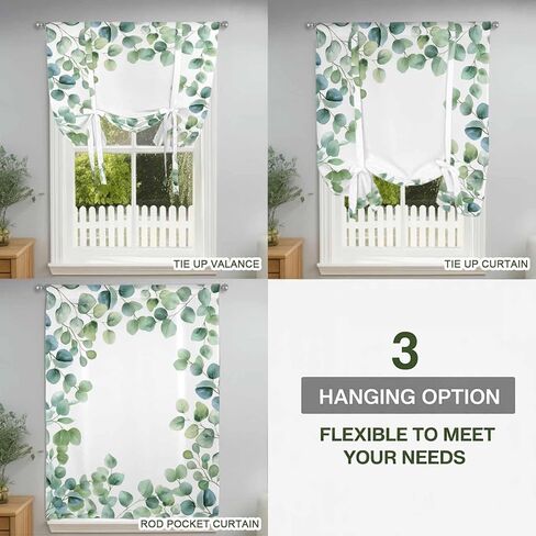 Sage Green Eucalyptus Tie Up Curtains for Window, Spring Summer Pastoral Leaves Thermal Insulated Balloon Shade Adjustable Rod Pocket Curtains Valance Panels for Kitchen Bathroom Café 42'' x 54'' in Saudi Arabia