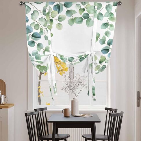 Sage Green Eucalyptus Tie Up Curtains for Window, Spring Summer Pastoral Leaves Thermal Insulated Balloon Shade Adjustable Rod Pocket Curtains Valance Panels for Kitchen Bathroom Café 42'' x 54'' in Saudi Arabia