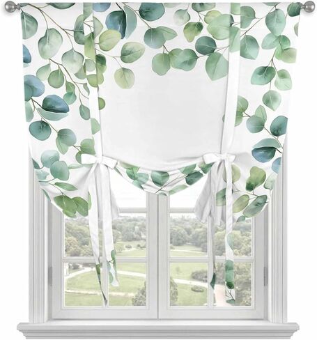 Sage Green Eucalyptus Tie Up Curtains for Window, Spring Summer Pastoral Leaves Thermal Insulated Balloon Shade Adjustable Rod Pocket Curtains Valance Panels for Kitchen Bathroom Café 42'' x 54'' in Saudi Arabia