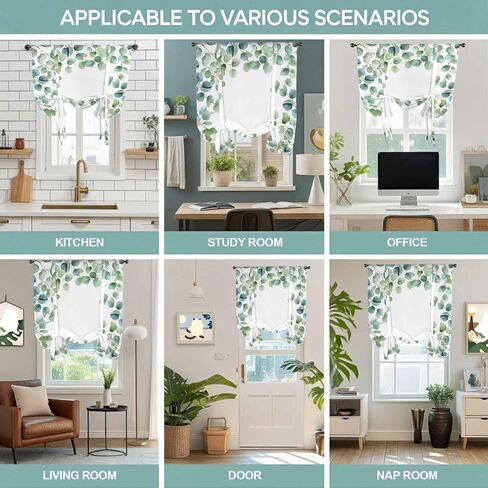Sage Green Eucalyptus Tie Up Curtains for Window, Spring Summer Pastoral Leaves Thermal Insulated Balloon Shade Adjustable Rod Pocket Curtains Valance Panels for Kitchen Bathroom Café 42'' x 54'' in Saudi Arabia