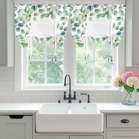 Sage Green Eucalyptus Tie Up Curtains for Window, Spring Summer Pastoral Leaves Thermal Insulated Balloon Shade Adjustable Rod Pocket Curtains Valance Panels for Kitchen Bathroom Café 42'' x 54'' in Saudi Arabia