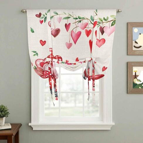 Valentine's Day Tie Up Curtains for Window, Red Love Hearts Car Romantic Burlap Thermal Insulated Balloon Shade Adjustable Rod Pocket Curtains Valance Panels for Kitchen Bathroom Café 52'' x 45'' in Saudi Arabia