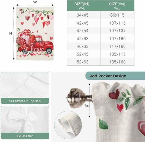 Valentine's Day Tie Up Curtains for Window, Red Love Hearts Car Romantic Burlap Thermal Insulated Balloon Shade Adjustable Rod Pocket Curtains Valance Panels for Kitchen Bathroom Café 52'' x 45'' in Saudi Arabia