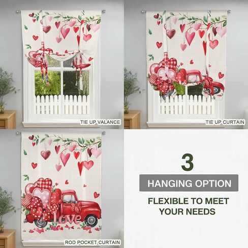 Valentine's Day Tie Up Curtains for Window, Red Love Hearts Car Romantic Burlap Thermal Insulated Balloon Shade Adjustable Rod Pocket Curtains Valance Panels for Kitchen Bathroom Café 52'' x 45'' in Saudi Arabia