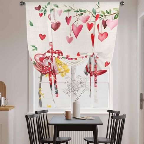 Valentine's Day Tie Up Curtains for Window, Red Love Hearts Car Romantic Burlap Thermal Insulated Balloon Shade Adjustable Rod Pocket Curtains Valance Panels for Kitchen Bathroom Café 52'' x 45'' in Saudi Arabia