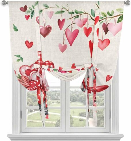 Valentine's Day Tie Up Curtains for Window, Red Love Hearts Car Romantic Burlap Thermal Insulated Balloon Shade Adjustable Rod Pocket Curtains Valance Panels for Kitchen Bathroom Café 52'' x 45'' in Saudi Arabia
