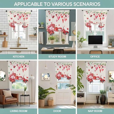 Valentine's Day Tie Up Curtains for Window, Red Love Hearts Car Romantic Burlap Thermal Insulated Balloon Shade Adjustable Rod Pocket Curtains Valance Panels for Kitchen Bathroom Café 52'' x 45'' in Saudi Arabia