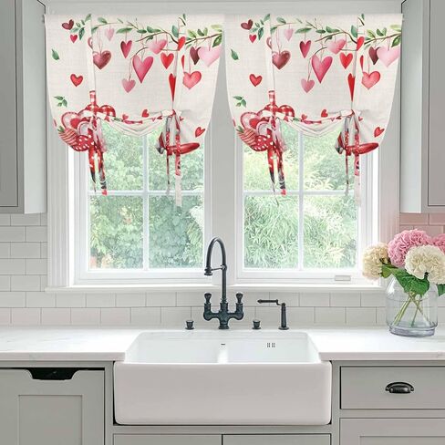 Valentine's Day Tie Up Curtains for Window, Red Love Hearts Car Romantic Burlap Thermal Insulated Balloon Shade Adjustable Rod Pocket Curtains Valance Panels for Kitchen Bathroom Café 52'' x 45'' in Saudi Arabia