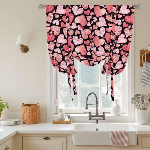 Valentine's Day Tie Up Curtains for Window, Watercolor Love Heart Romance Country Thermal Insulated Balloon Shade Adjustable Rod Pocket Curtains Valance Panels for Kitchen Bathroom Café 34'' x 45'' in Saudi Arabia