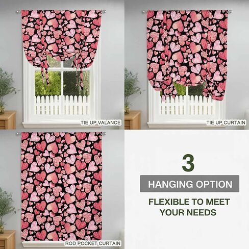 Valentine's Day Tie Up Curtains for Window, Watercolor Love Heart Romance Country Thermal Insulated Balloon Shade Adjustable Rod Pocket Curtains Valance Panels for Kitchen Bathroom Café 34'' x 45'' in Saudi Arabia