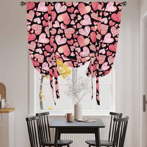 Valentine's Day Tie Up Curtains for Window, Watercolor Love Heart Romance Country Thermal Insulated Balloon Shade Adjustable Rod Pocket Curtains Valance Panels for Kitchen Bathroom Café 34'' x 45'' in Saudi Arabia