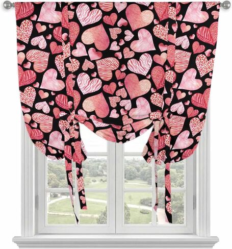 Valentine's Day Tie Up Curtains for Window, Watercolor Love Heart Romance Country Thermal Insulated Balloon Shade Adjustable Rod Pocket Curtains Valance Panels for Kitchen Bathroom Café 34'' x 45'' in Saudi Arabia