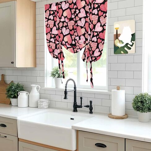 Valentine's Day Tie Up Curtains for Window, Watercolor Love Heart Romance Country Thermal Insulated Balloon Shade Adjustable Rod Pocket Curtains Valance Panels for Kitchen Bathroom Café 34'' x 45'' in Saudi Arabia