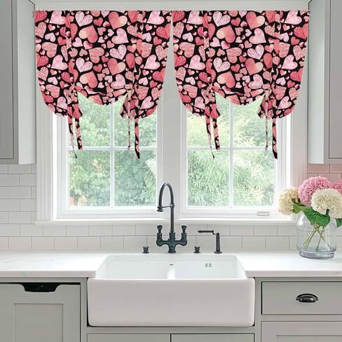 Valentine's Day Tie Up Curtains for Window, Watercolor Love Heart Romance Country Thermal Insulated Balloon Shade Adjustable Rod Pocket Curtains Valance Panels for Kitchen Bathroom Café 34'' x 45'' in Saudi Arabia