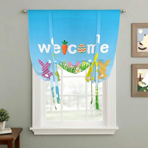 Easter Tie Up Curtains for Window, Spring Flora Colorful Eggs Botanical Pastoral Thermal Insulated Balloon Shade Adjustable Rod Pocket Curtains Valance Panels for Kitchen Bathroom Café 42'' x 54'' in Saudi Arabia