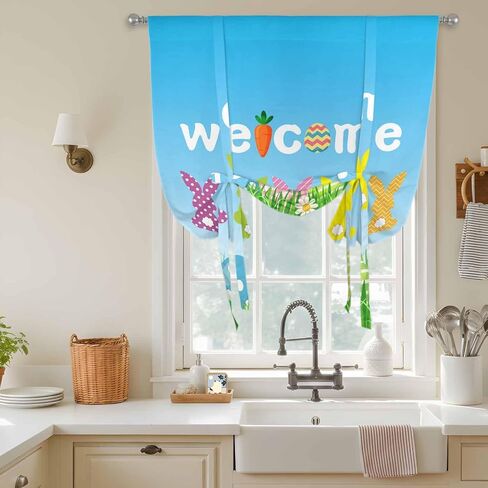 Easter Tie Up Curtains for Window, Spring Flora Colorful Eggs Botanical Pastoral Thermal Insulated Balloon Shade Adjustable Rod Pocket Curtains Valance Panels for Kitchen Bathroom Café 42'' x 54'' in Saudi Arabia