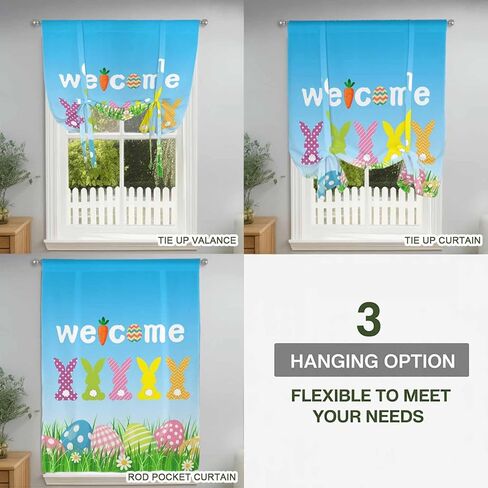 Easter Tie Up Curtains for Window, Spring Flora Colorful Eggs Botanical Pastoral Thermal Insulated Balloon Shade Adjustable Rod Pocket Curtains Valance Panels for Kitchen Bathroom Café 42'' x 54'' in Saudi Arabia