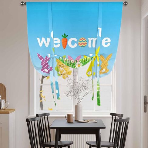 Easter Tie Up Curtains for Window, Spring Flora Colorful Eggs Botanical Pastoral Thermal Insulated Balloon Shade Adjustable Rod Pocket Curtains Valance Panels for Kitchen Bathroom Café 42'' x 54'' in Saudi Arabia