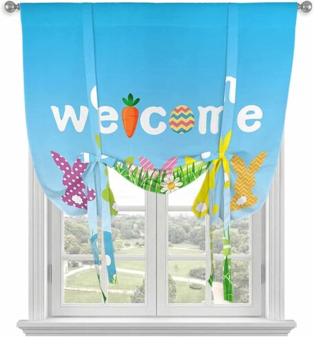 Easter Tie Up Curtains for Window, Spring Flora Colorful Eggs Botanical Pastoral Thermal Insulated Balloon Shade Adjustable Rod Pocket Curtains Valance Panels for Kitchen Bathroom Café 42'' x 54'' in Saudi Arabia