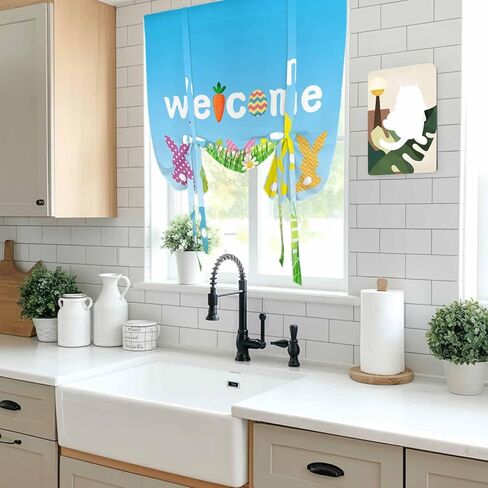 Easter Tie Up Curtains for Window, Spring Flora Colorful Eggs Botanical Pastoral Thermal Insulated Balloon Shade Adjustable Rod Pocket Curtains Valance Panels for Kitchen Bathroom Café 42'' x 54'' in Saudi Arabia