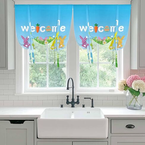 Easter Tie Up Curtains for Window, Spring Flora Colorful Eggs Botanical Pastoral Thermal Insulated Balloon Shade Adjustable Rod Pocket Curtains Valance Panels for Kitchen Bathroom Café 42'' x 54'' in Saudi Arabia