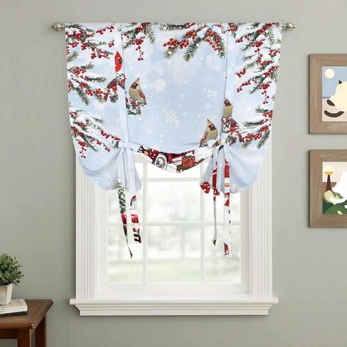 Light Blue Christmas Tie Up Curtains for Window, Xmas Snowman Truck Tree Birds Thermal Insulated Balloon Shade Adjustable Rod Pocket Curtains Valance Panels for Kitchen Bathroom Café 46'' x 63'' in Saudi Arabia