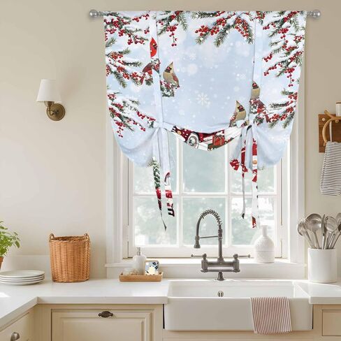 Light Blue Christmas Tie Up Curtains for Window, Xmas Snowman Truck Tree Birds Thermal Insulated Balloon Shade Adjustable Rod Pocket Curtains Valance Panels for Kitchen Bathroom Café 46'' x 63'' in Saudi Arabia