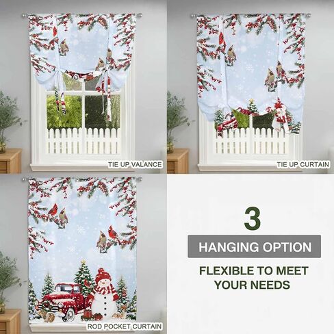 Light Blue Christmas Tie Up Curtains for Window, Xmas Snowman Truck Tree Birds Thermal Insulated Balloon Shade Adjustable Rod Pocket Curtains Valance Panels for Kitchen Bathroom Café 46'' x 63'' in Saudi Arabia