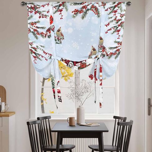 Light Blue Christmas Tie Up Curtains for Window, Xmas Snowman Truck Tree Birds Thermal Insulated Balloon Shade Adjustable Rod Pocket Curtains Valance Panels for Kitchen Bathroom Café 46'' x 63'' in Saudi Arabia
