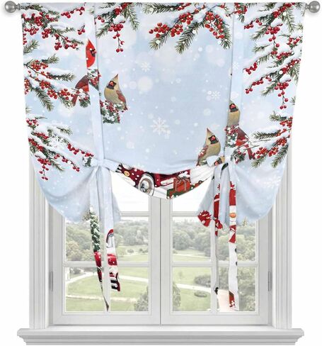 Light Blue Christmas Tie Up Curtains for Window, Xmas Snowman Truck Tree Birds Thermal Insulated Balloon Shade Adjustable Rod Pocket Curtains Valance Panels for Kitchen Bathroom Café 46'' x 63'' in Saudi Arabia