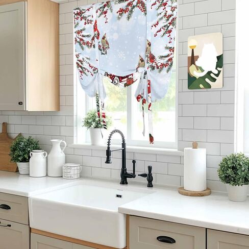 Light Blue Christmas Tie Up Curtains for Window, Xmas Snowman Truck Tree Birds Thermal Insulated Balloon Shade Adjustable Rod Pocket Curtains Valance Panels for Kitchen Bathroom Café 46'' x 63'' in Saudi Arabia