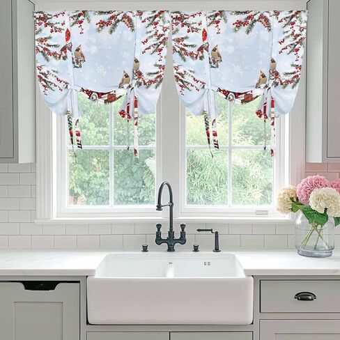 Light Blue Christmas Tie Up Curtains for Window, Xmas Snowman Truck Tree Birds Thermal Insulated Balloon Shade Adjustable Rod Pocket Curtains Valance Panels for Kitchen Bathroom Café 46'' x 63'' in Saudi Arabia