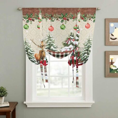 Red Christmas Tie Up Curtains for Window, Truck Elk Xmas Tree Snowflake Ball Winter Thermal Insulated Balloon Shade Adjustable Rod Pocket Curtains Valance Panels for Kitchen Bathroom Café 34'' x 45'' in Saudi Arabia