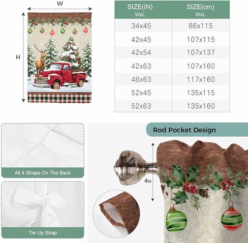 Red Christmas Tie Up Curtains for Window, Truck Elk Xmas Tree Snowflake Ball Winter Thermal Insulated Balloon Shade Adjustable Rod Pocket Curtains Valance Panels for Kitchen Bathroom Café 34'' x 45'' in Saudi Arabia