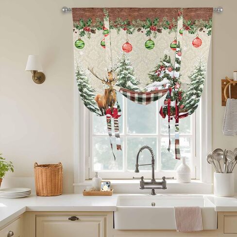 Red Christmas Tie Up Curtains for Window, Truck Elk Xmas Tree Snowflake Ball Winter Thermal Insulated Balloon Shade Adjustable Rod Pocket Curtains Valance Panels for Kitchen Bathroom Café 34'' x 45'' in Saudi Arabia
