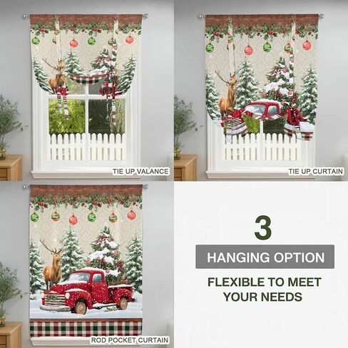 Red Christmas Tie Up Curtains for Window, Truck Elk Xmas Tree Snowflake Ball Winter Thermal Insulated Balloon Shade Adjustable Rod Pocket Curtains Valance Panels for Kitchen Bathroom Café 34'' x 45'' in Saudi Arabia