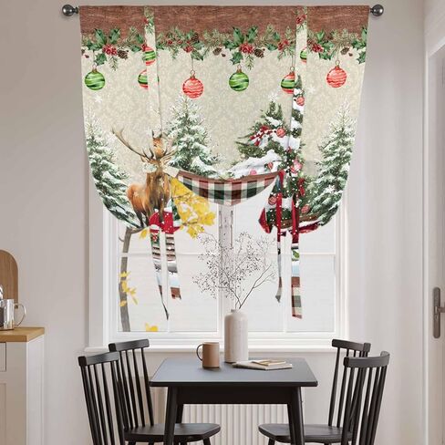 Red Christmas Tie Up Curtains for Window, Truck Elk Xmas Tree Snowflake Ball Winter Thermal Insulated Balloon Shade Adjustable Rod Pocket Curtains Valance Panels for Kitchen Bathroom Café 34'' x 45'' in Saudi Arabia