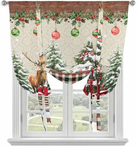 Red Christmas Tie Up Curtains for Window, Truck Elk Xmas Tree Snowflake Ball Winter Thermal Insulated Balloon Shade Adjustable Rod Pocket Curtains Valance Panels for Kitchen Bathroom Café 34'' x 45'' in Saudi Arabia