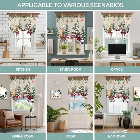 Red Christmas Tie Up Curtains for Window, Truck Elk Xmas Tree Snowflake Ball Winter Thermal Insulated Balloon Shade Adjustable Rod Pocket Curtains Valance Panels for Kitchen Bathroom Café 34'' x 45'' in Saudi Arabia